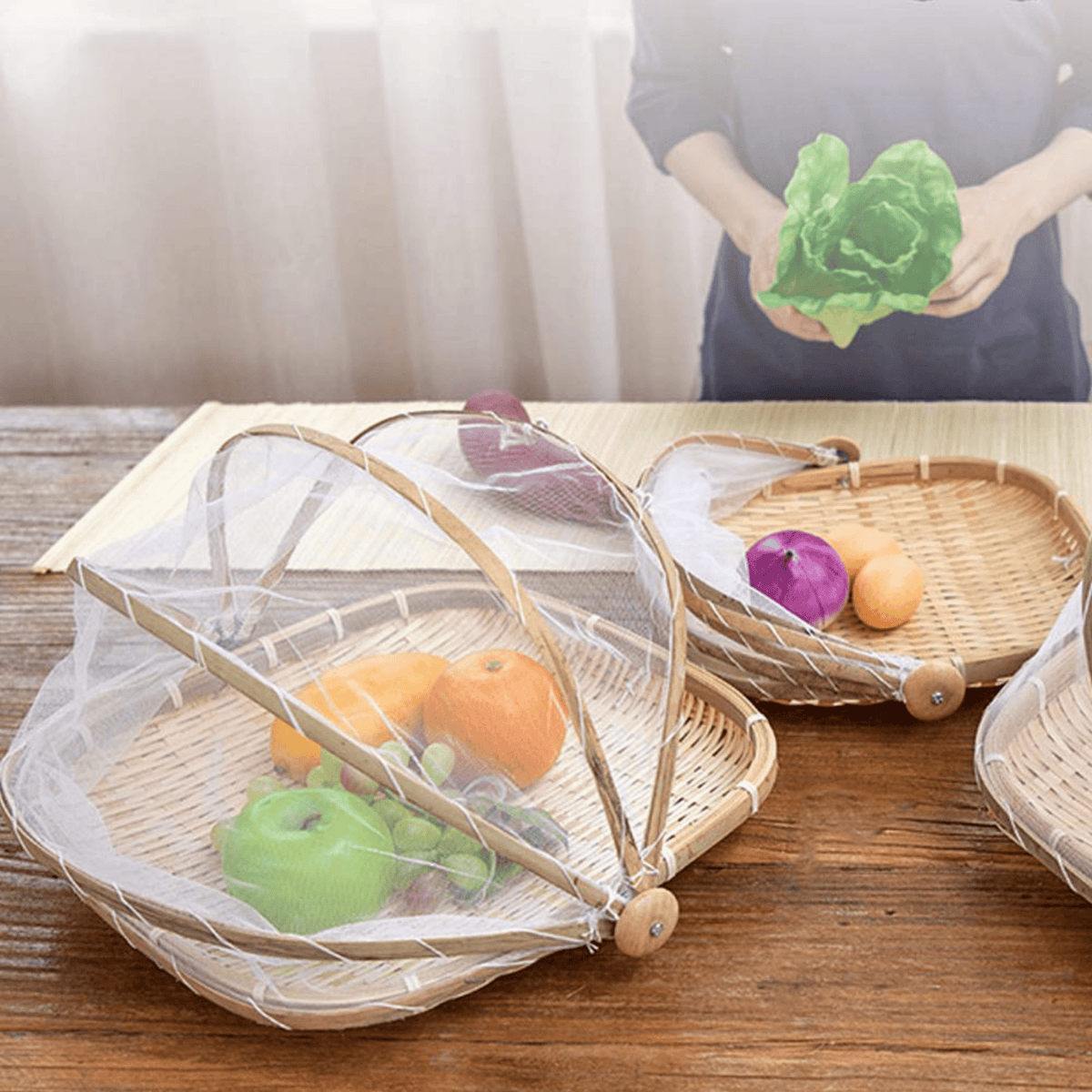 Multi-Purpose Bamboo Basket with Mesh Food Cover