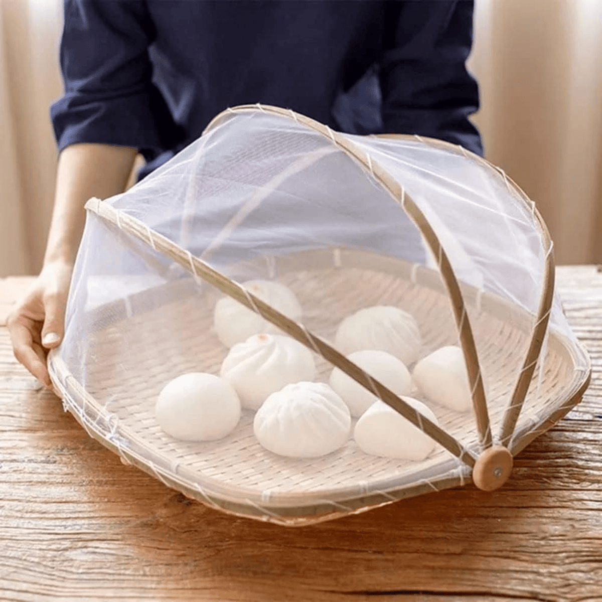 Multi-Purpose Bamboo Basket with Mesh Food Cover