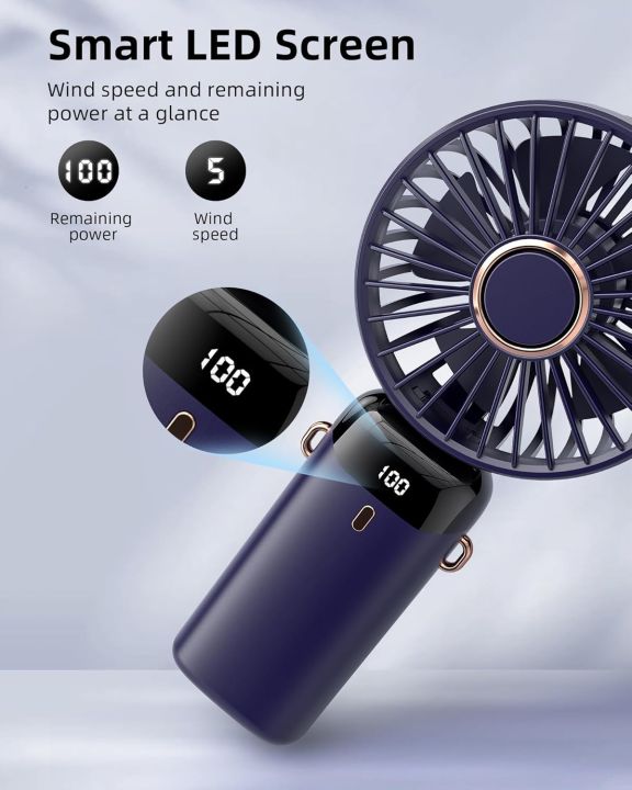 Portable Rechargeable Mini Fan with Digital Display - Foldable 5 Speed Levels