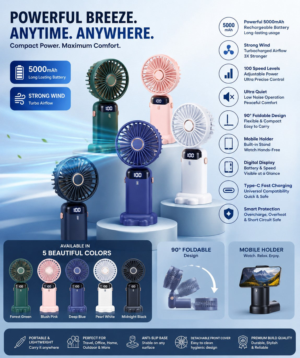 Portable Rechargeable Mini Fan with Digital Display - Foldable 5 Speed Levels