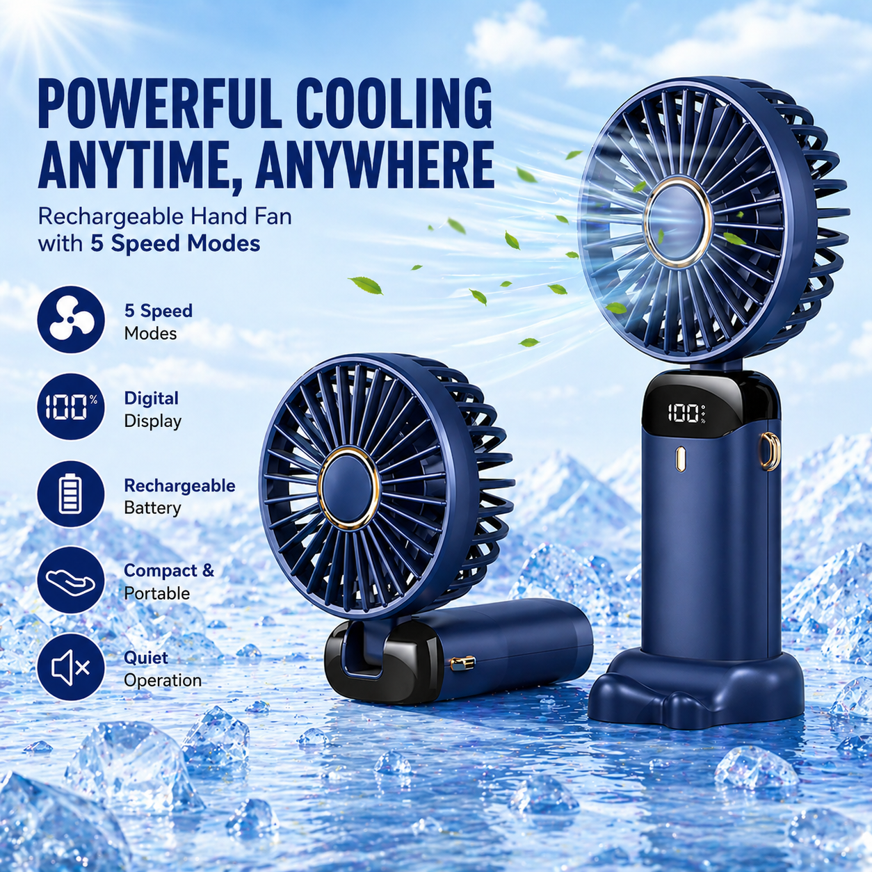 Portable Rechargeable Mini Fan with Digital Display - Foldable 5 Speed Levels