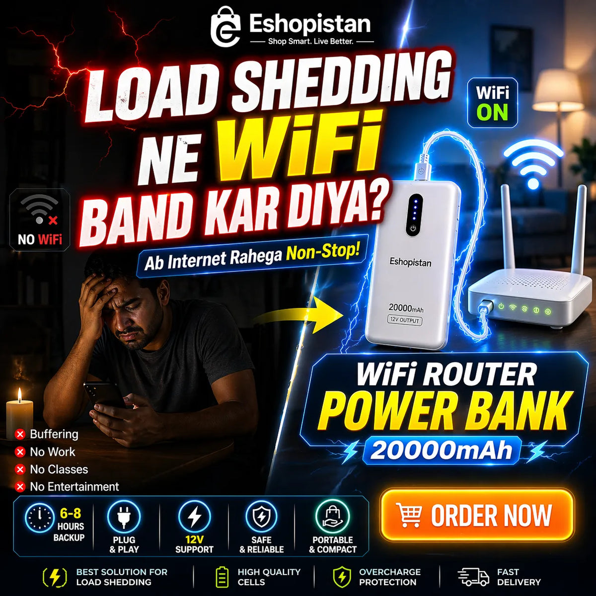 20,000 MAh   12V-Wifi Router Power Bank (8-10hrs Battery Time)