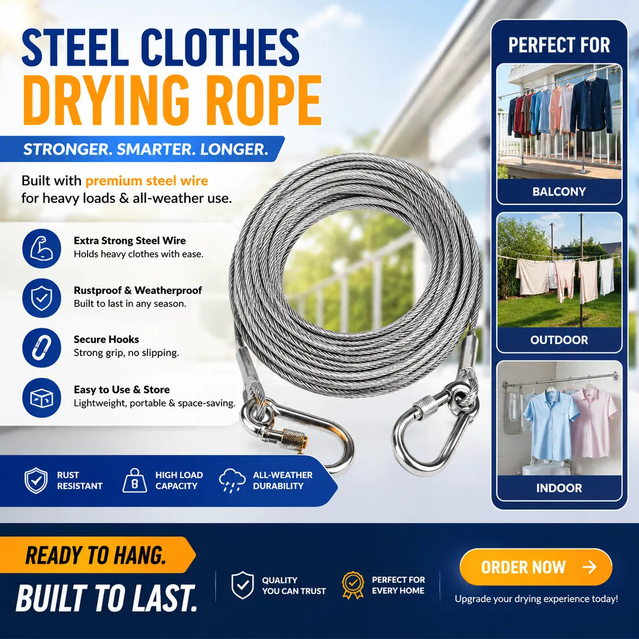 Stainless Steel PVC Coated Clothesline Cable with Hooks | اب کپڑے سکھانا ہوا  آسان