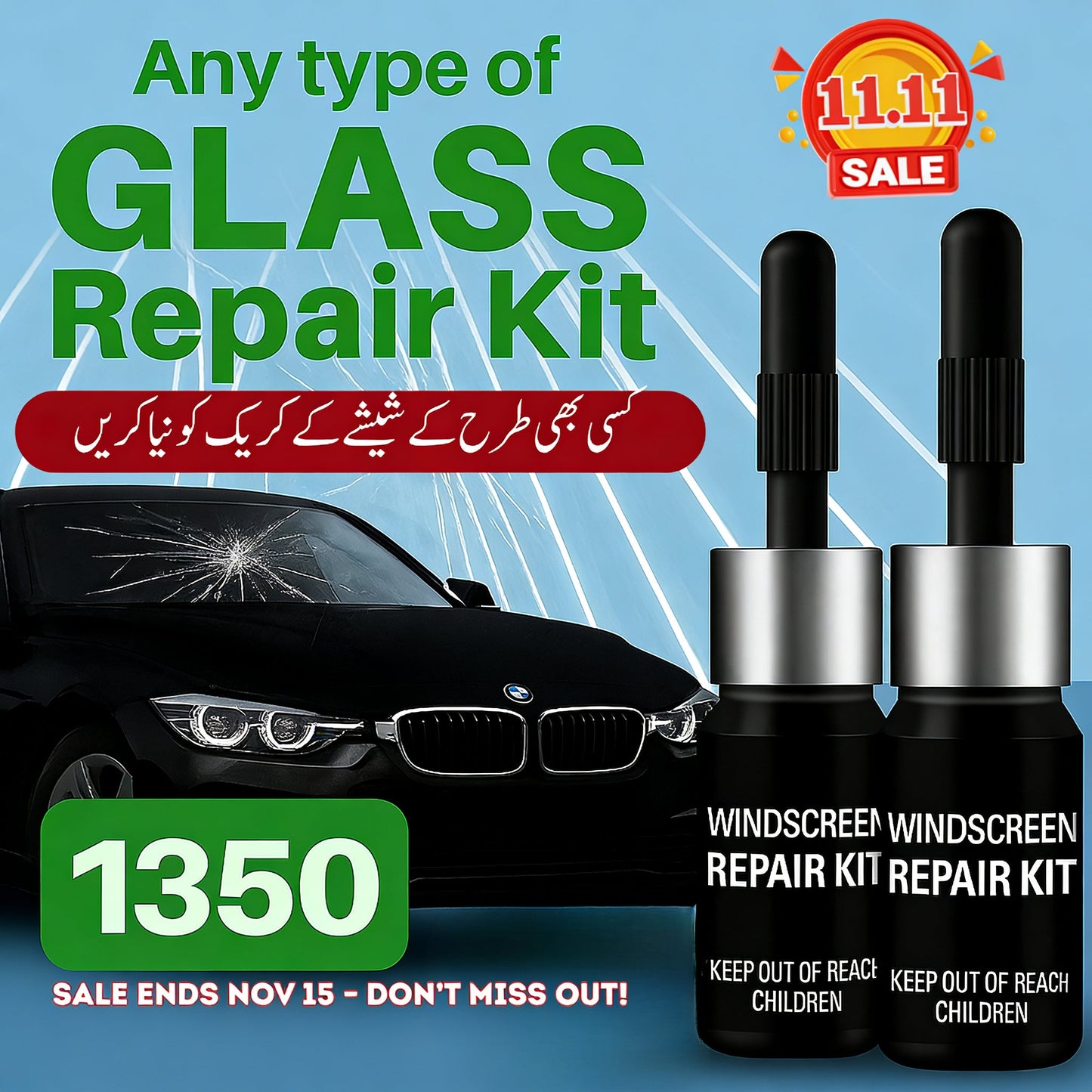 Windshield Automotive Glass Crack Nano Repair Fluid Kit – Quick & Easy Solution for any type of Glass