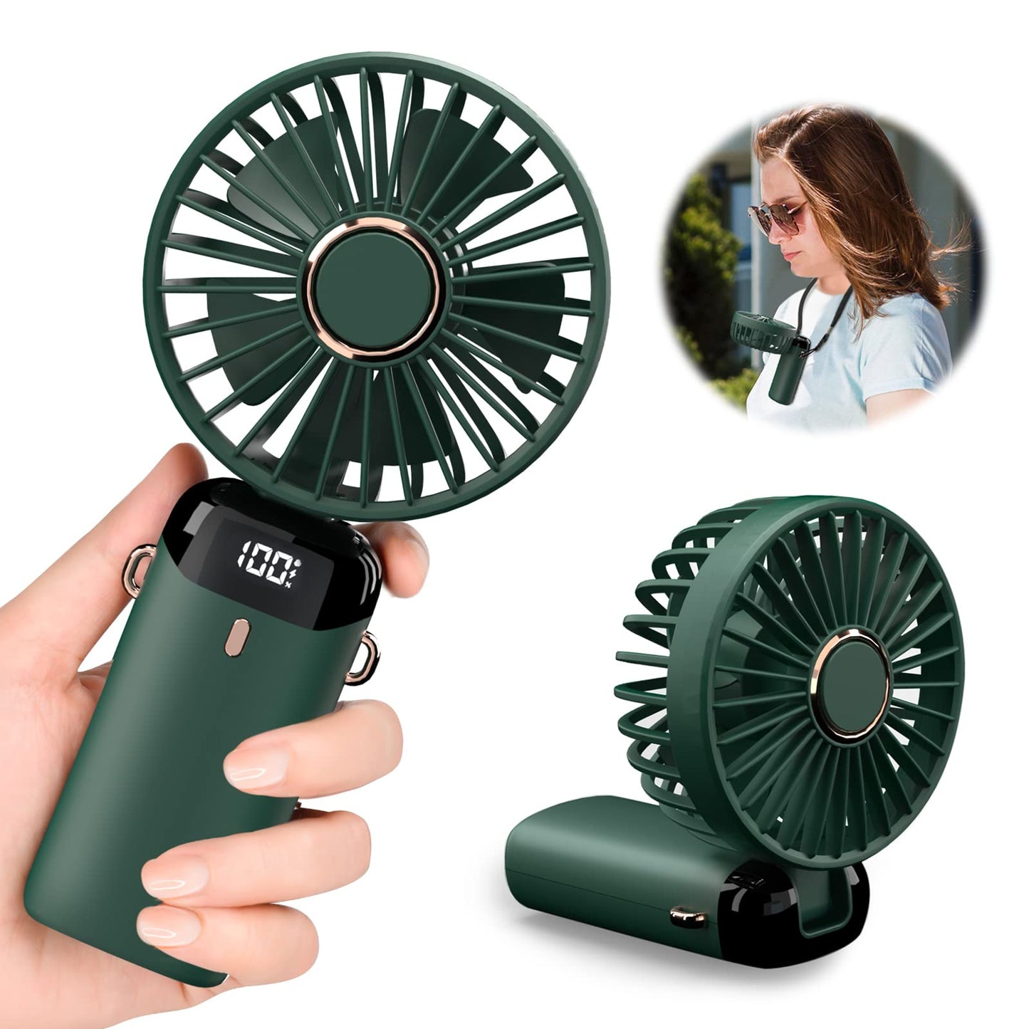 Portable Rechargeable Mini Fan with Digital Display - Foldable 5 Speed Levels