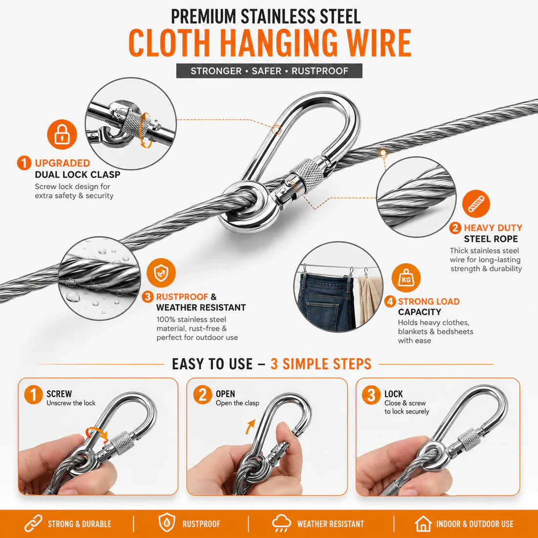 Stainless Steel PVC Coated Clothesline Cable with Hooks | اب کپڑے سکھانا ہوا  آسان