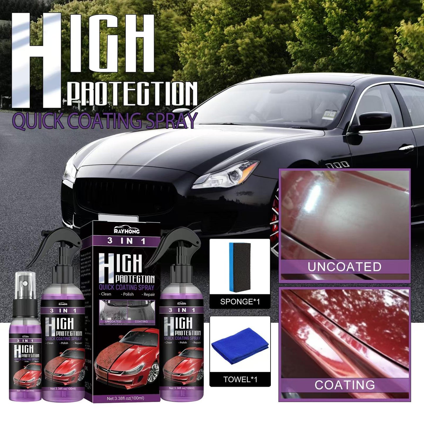 Premium Quality 3 In 1 High Protection Quick Car Coating Spray 🔥 (Imported)